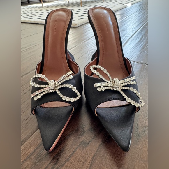 Amina Muaddi Rosie Embellished Bow Satin Pedestal Sandals - Picture 4 of 10